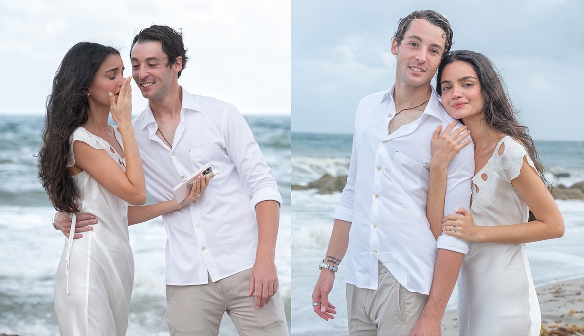 “Newly engaged couple standing on a windy South Florida beach after a marriage proposal, smiling and embracing while ocean waves crash in the background.”