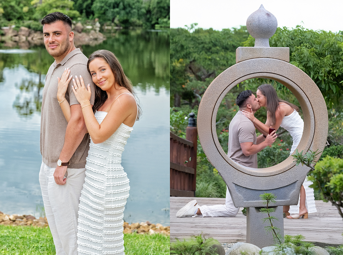 A newly engaged couple poses by the lake and shares a kiss through a circular stone sculpture at the Morikami Museum and Japanese Gardens in Delray Beach, captured by Florida proposal photographer Jeff Kolodny.