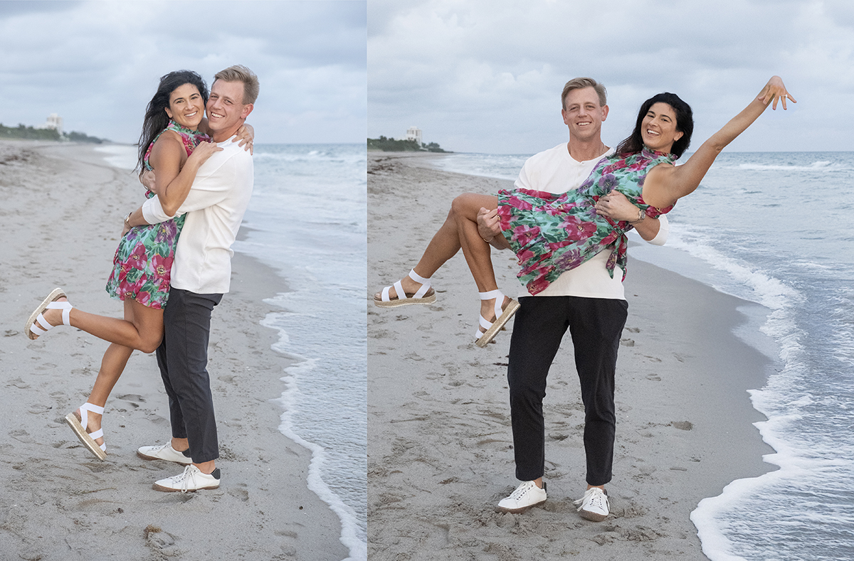 Left Image:A newly engaged couple celebrating on Boca Raton Beach as the groom lifts his fiancée off the sand, both smiling with the ocean waves behind them. Engagement photo by Florida Proposal Photographer. Right Image: The groom proudly holding his fiancée in his arms along the shoreline after their beach proposal, with her hand extended showing the engagement ring. Captured by a Florida Proposal Photographer.