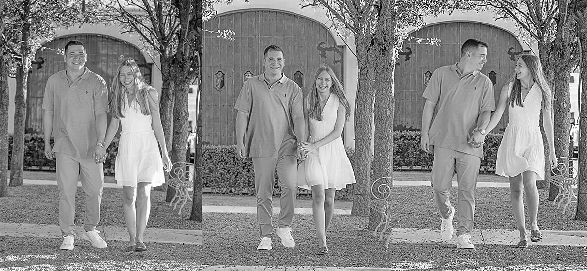 Newly engaged couple walking hand in hand and laughing during engagement photos in Palm Beach after a surprise marriage proposal.