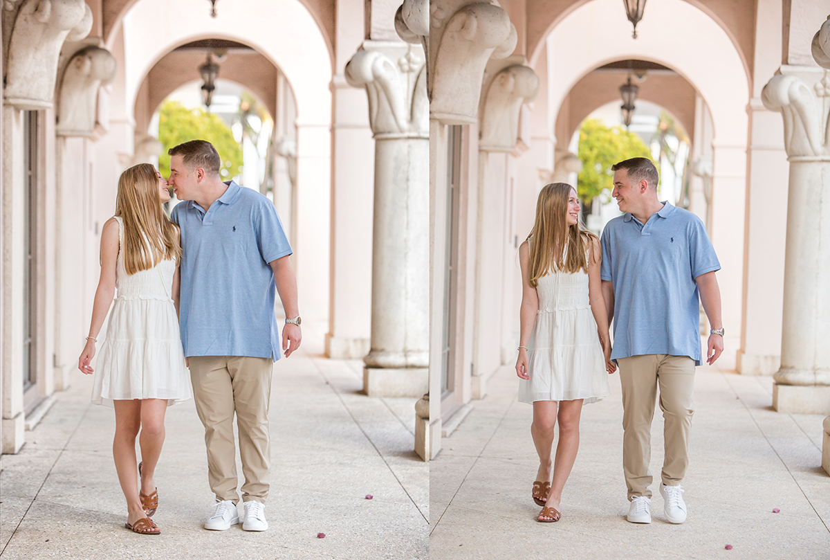 Newly engaged couple walking hand-in-hand under the Worth Avenue arches in Palm Beach after a surprise marriage proposal, photographed by Florida proposal photographer Jeff Kolodny.