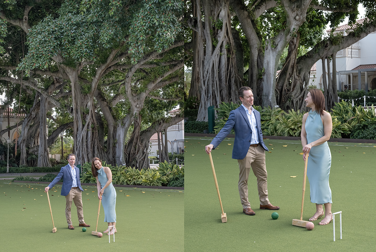 Engaged couple playing croquet beneath banyan trees at The Boca Raton in Florida