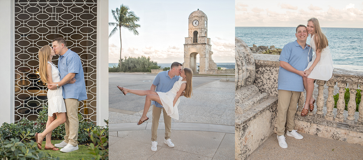 Engaged couple portraits in Palm Beach featuring classic Worth Avenue architecture, the Palm Beach Clock Tower, and oceanfront views after a surprise proposal.