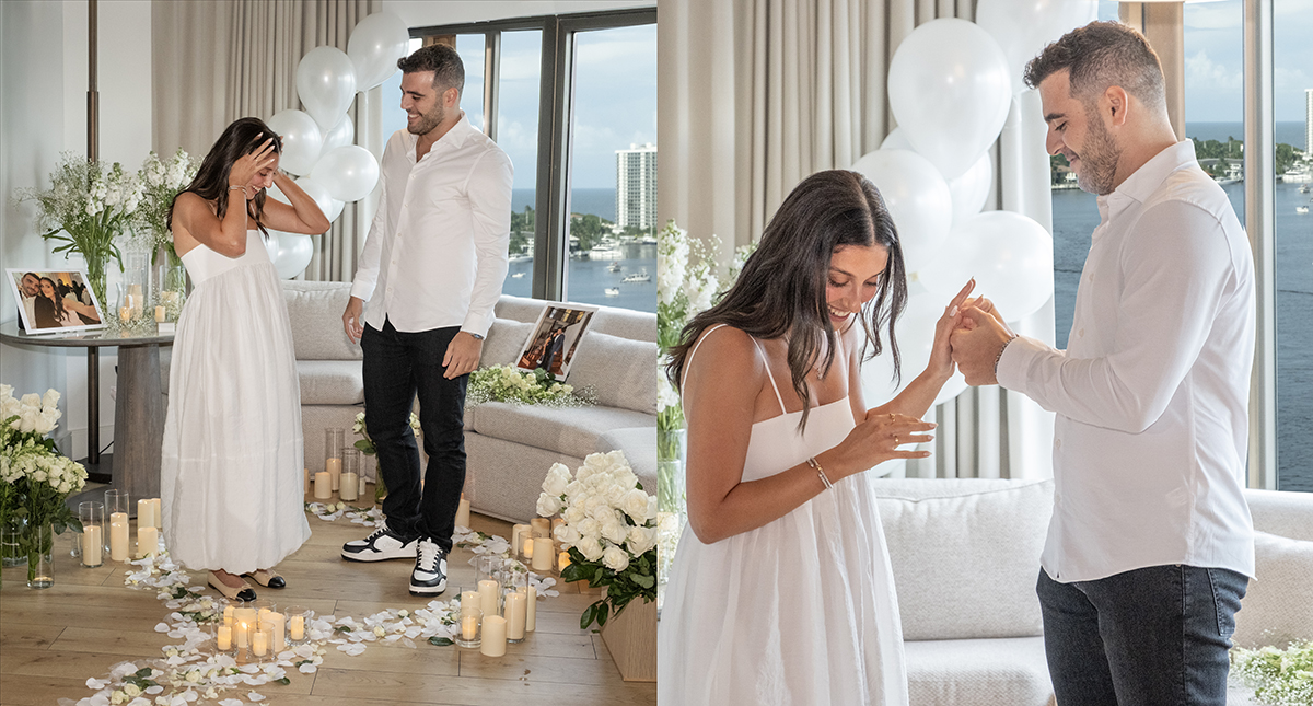 Sydnie reacts moments after Brandon proposes during their surprise marriage proposal in Boca Raton Florida
