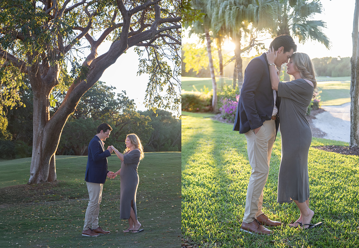Newly engaged couple during a sunset proposal and engagement session at Ocean Reef Club in Key Largo, standing on the golf course with soft rim light highlighting their profiles and trees in the background.