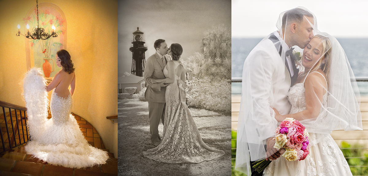 A collage of three South Florida wedding photos featuring a bride on a staircase at the Riverside Hotel on Las Olas Blvd, a romantic couple at the Hillsboro Lighthouse, and a joyful kiss under a veil at the Marriott Harbor Beach.