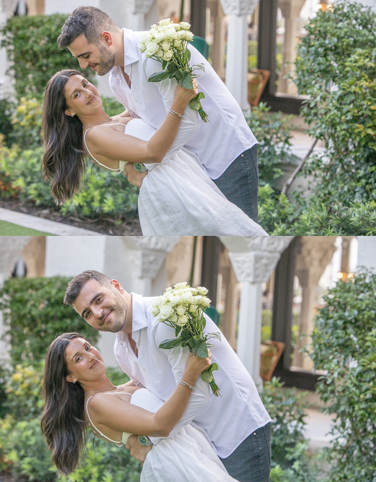 Brandon and Sydnie pose for engagement portraits after their surprise marriage proposal at The Boca Raton