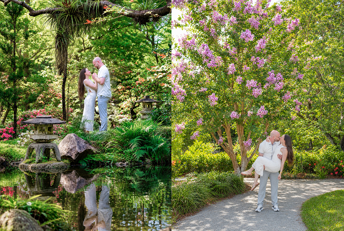 Nathan and Alyssa pose beside a reflecting pond and beneath a flowering tree at the Morikami Museum and Japanese Gardens in Delray Beach, Florida, following their surprise marriage proposal.