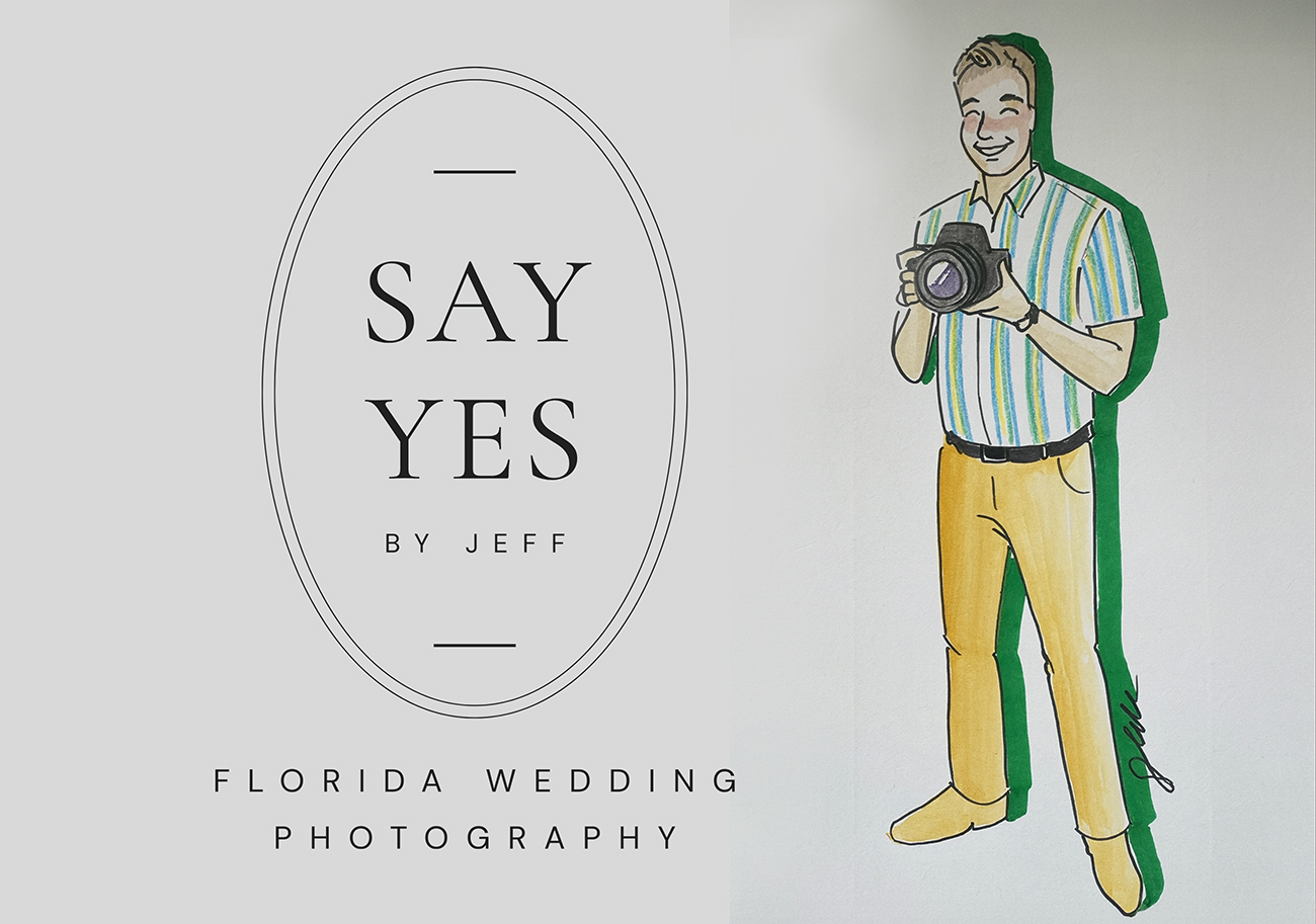 Illustrated logo for Say Yes by Jeff, featuring Florida wedding photographer Jeff Kolodny holding a camera, representing his creative and artistic approach to proposal, engagement, and wedding photography.