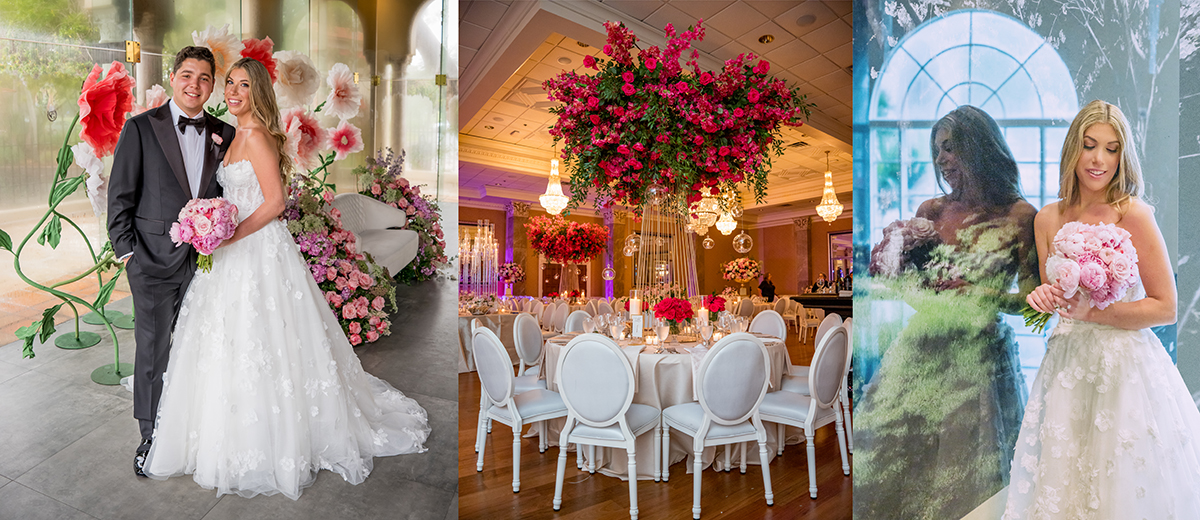 Three wedding photos taken at Coral Gables Golf & Country Club in Miami: a bride and groom portrait surrounded by pink flowers, a ballroom reception with floral centerpieces, and a bride holding a bouquet reflected in a window