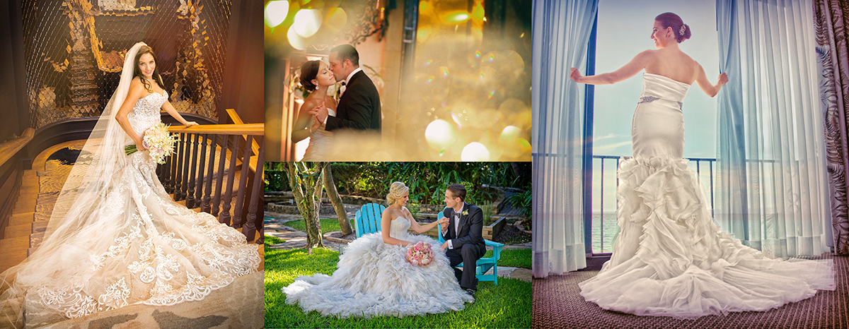 Collage of Palm Beach wedding photography by South Florida wedding photographer Jeff Kolodny, featuring brides and grooms at The Breakers, Four Seasons Palm Beach, and Eau Palm Beach.
