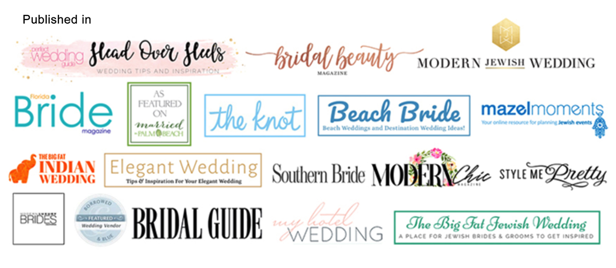 Collage of logos from major wedding publications featuring Jeff Kolodny Photography — including The Knot, Style Me Pretty, Bridal Guide, Florida Bride, Modern Jewish Wedding, and others.