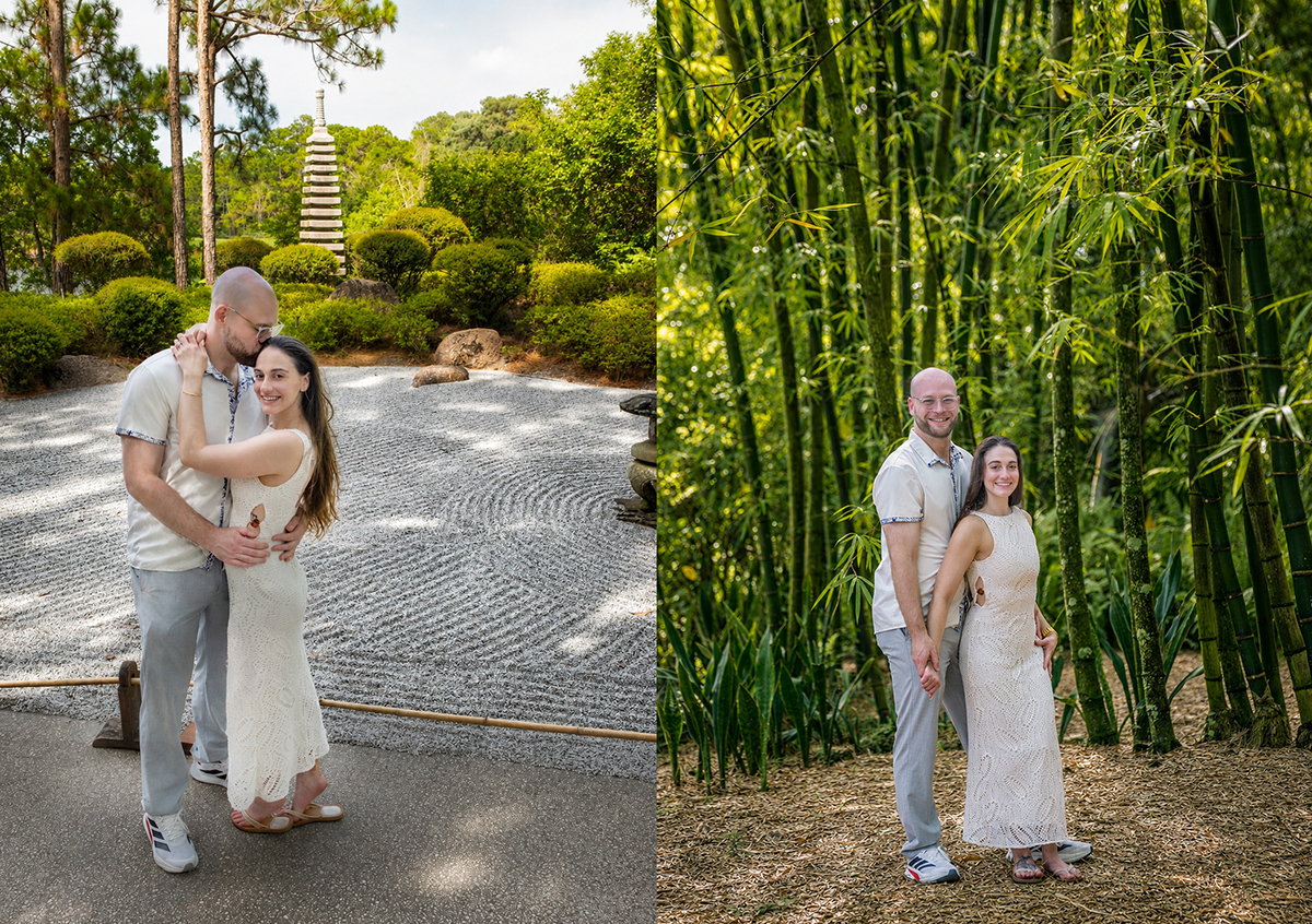 Nathan and Alyssa pose in the Zen rock garden and bamboo forest at the Morikami Museum and Japanese Gardens following their surprise marriage proposal in Delray Beach, Florida.