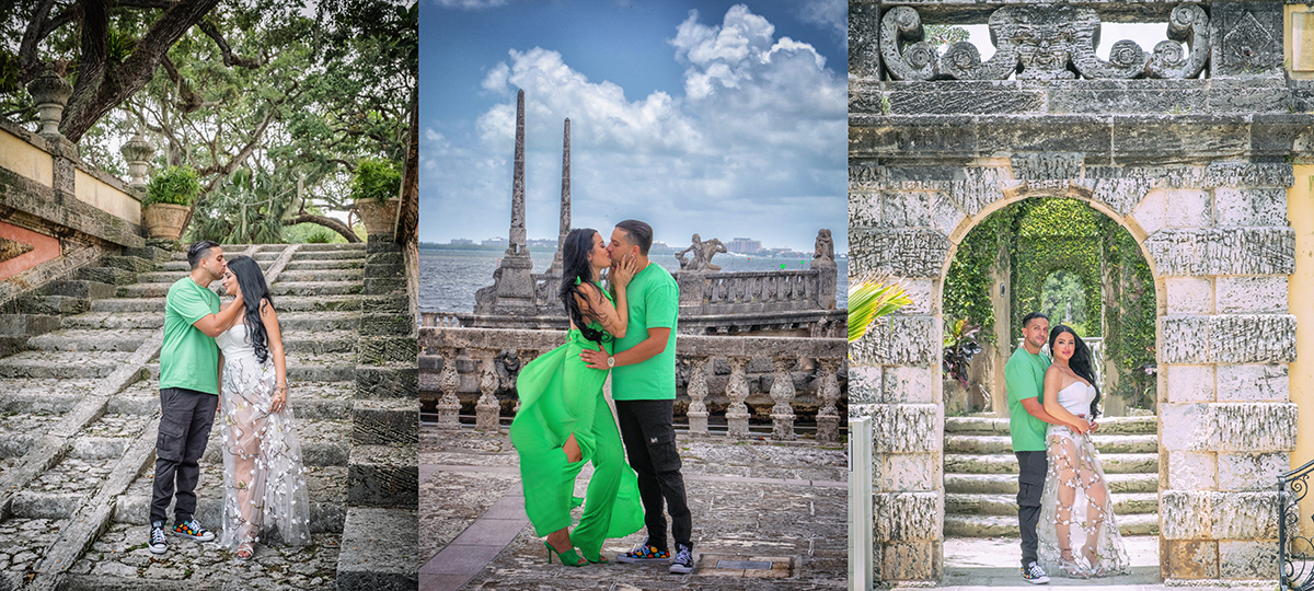 A couple shares romantic moments during an engagement photo shoot at Vizcaya Museum and Gardens in Miami, captured by a South Florida wedding photographer.