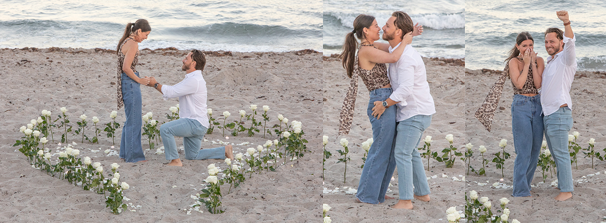 “Man proposing to his girlfriend on the beach inside a heart made of white roses, followed by emotional hugs and celebration during a surprise marriage proposal at sunset.”