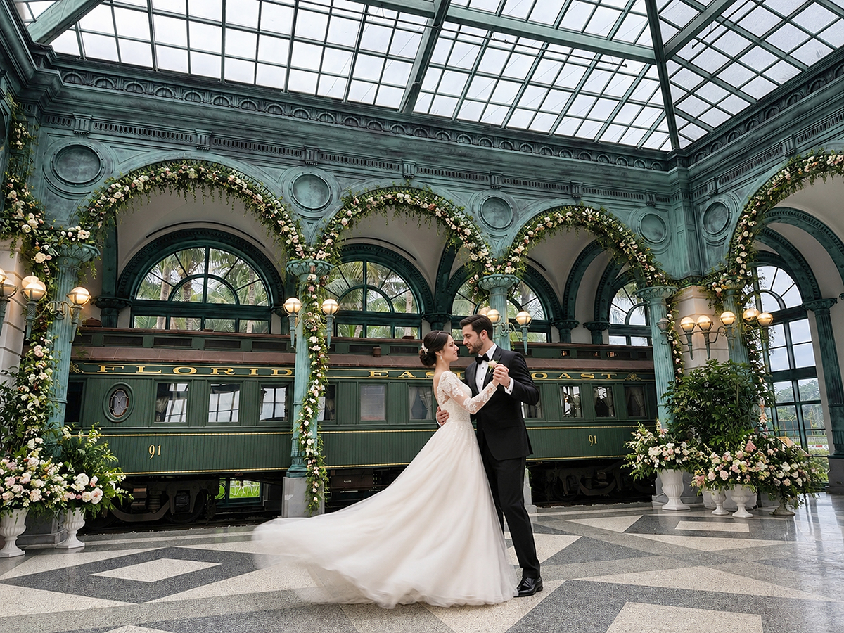 Bride and groom sharing a romantic first dance in the Flagler Museum Kenan Pavilion in Palm Beach photographed by a South Florida Wedding Photographer.