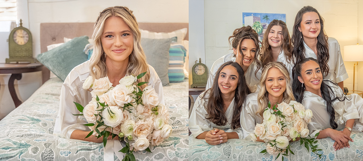 Bride holding blush and white bouquet after hair and makeup with bridesmaids in robes during a wedding at the Bonnet House in Fort Lauderdale