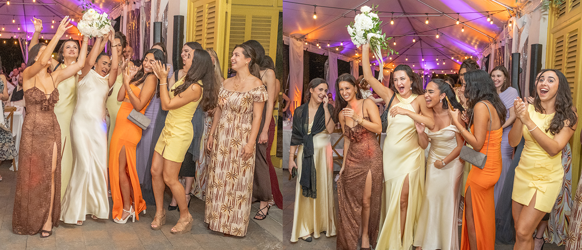 Two-photo collage of wedding guests reacting as the bouquet is tossed and caught during a Fort Lauderdale wedding reception under café lights.