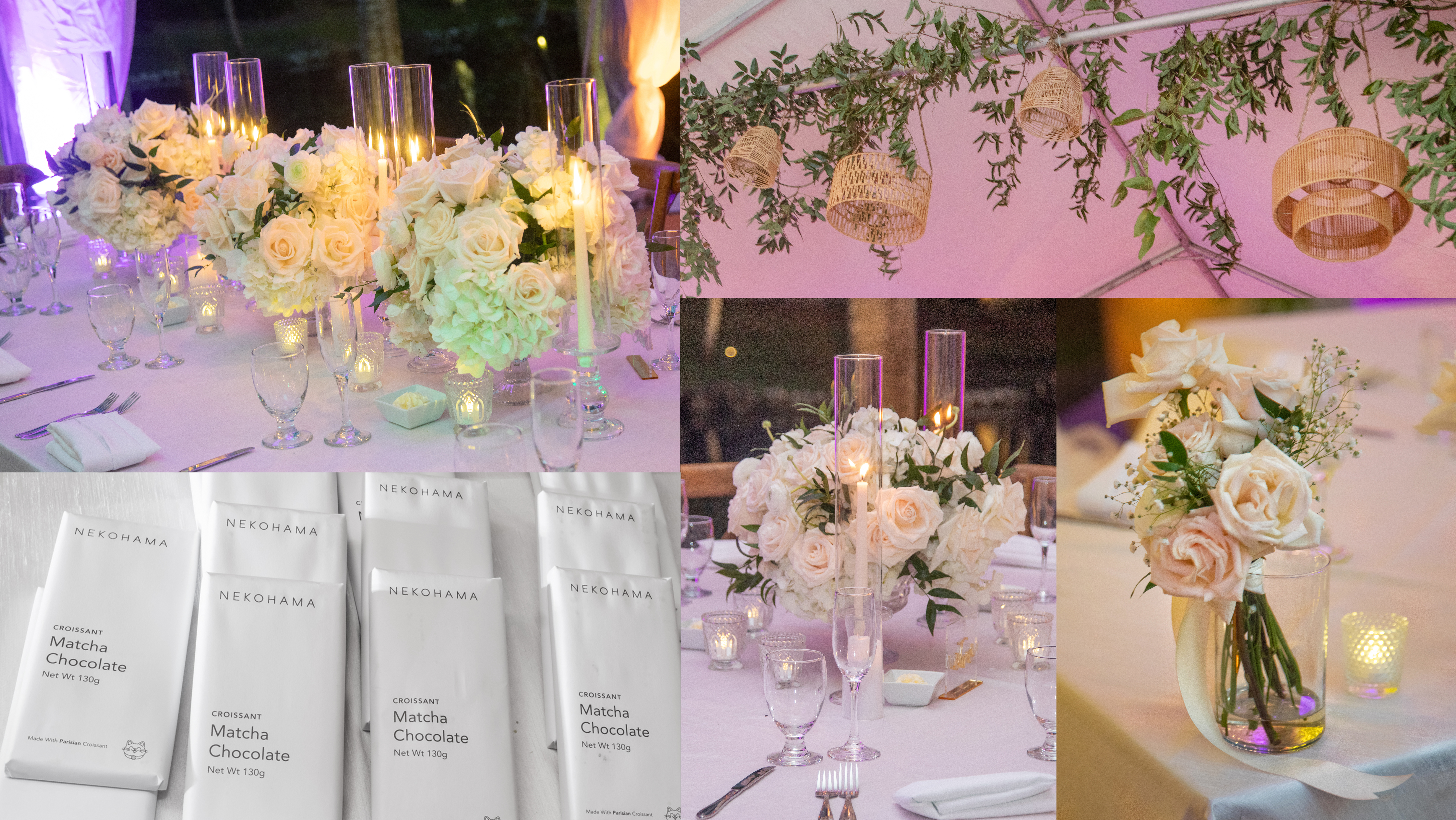Wedding reception details at The Bonnet House featuring white rose centerpieces, tall glass candle holders, hanging greenery decor, place settings with glassware, and custom matcha chocolate candy bar favors gifted to guests.