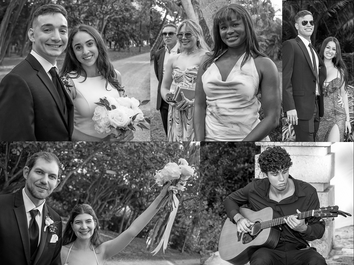 Black-and-white wedding collage featuring candid bride and groom portraits, stylish guests, and a guitarist performing, photographed in Fort Lauderdale with a Fujifilm X-PRO2.