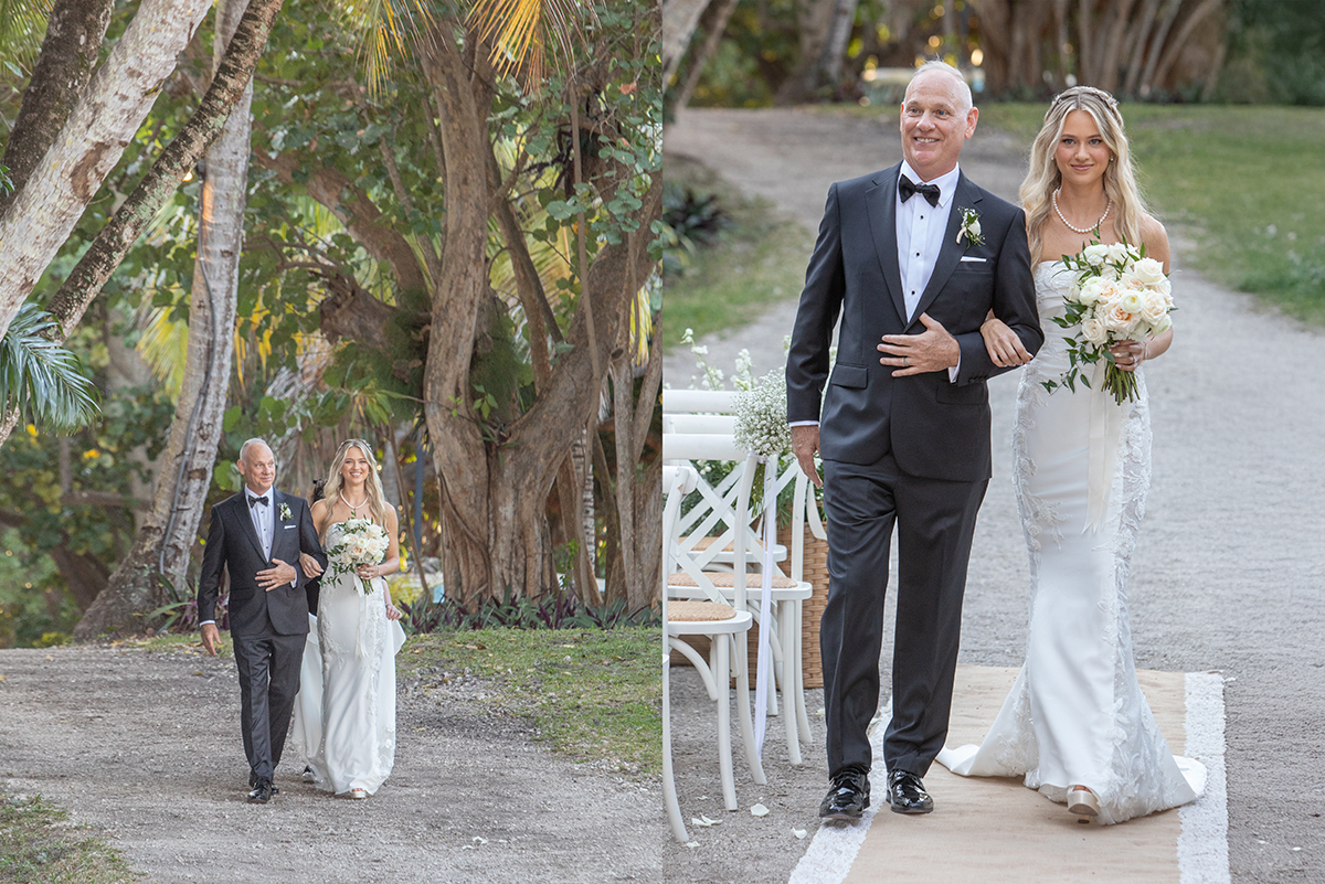 Alt Text (Image 1 – Wide Shot) Bride walking down outdoor aisle with her father under banyan trees at Bonnet House in Fort Lauderdale during a romantic garden wedding ceremony.
