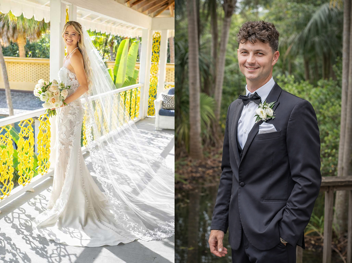 Bride Katya posing on colorful balcony at Bonnet House and groom Will in rustic wooded area before their Fort Lauderdale wedding ceremony.
