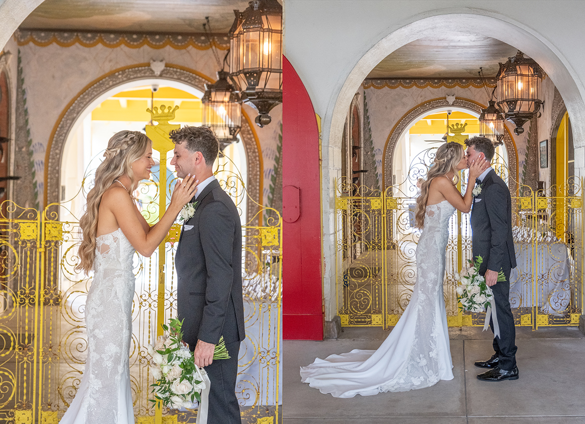 Bride and groom kissing in front of yellow gates at Bonnet House in Fort Lauderdale captured by Fort Lauderdale wedding Photographer.