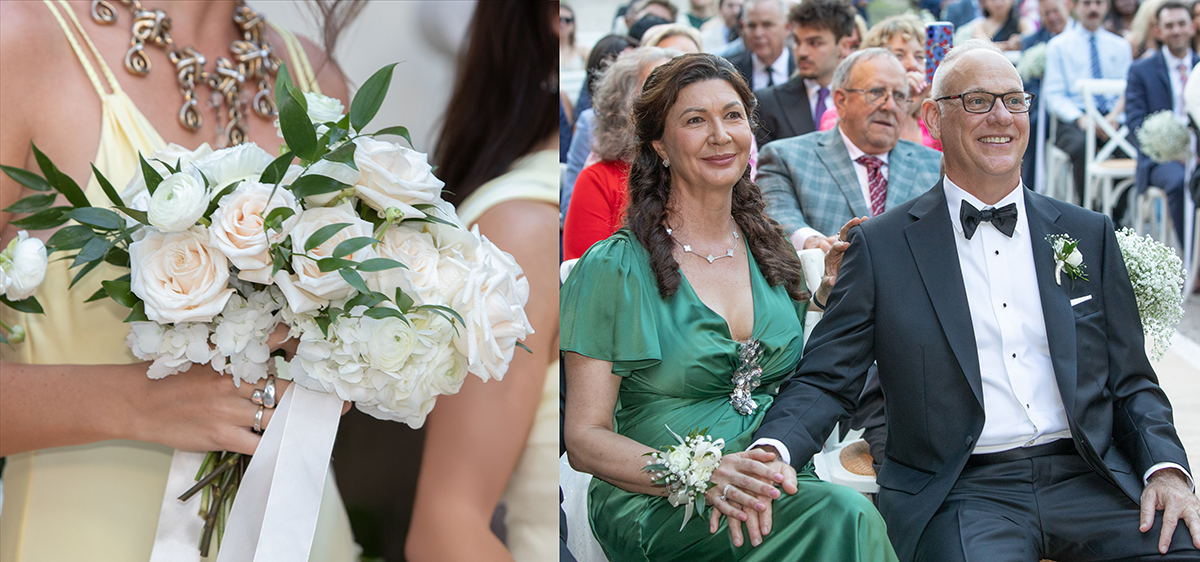 Collage from Bonnet House wedding ceremony in Fort Lauderdale featuring close-up of bridesmaid bouquet with white roses and groom’s parents smiling during the ceremony.