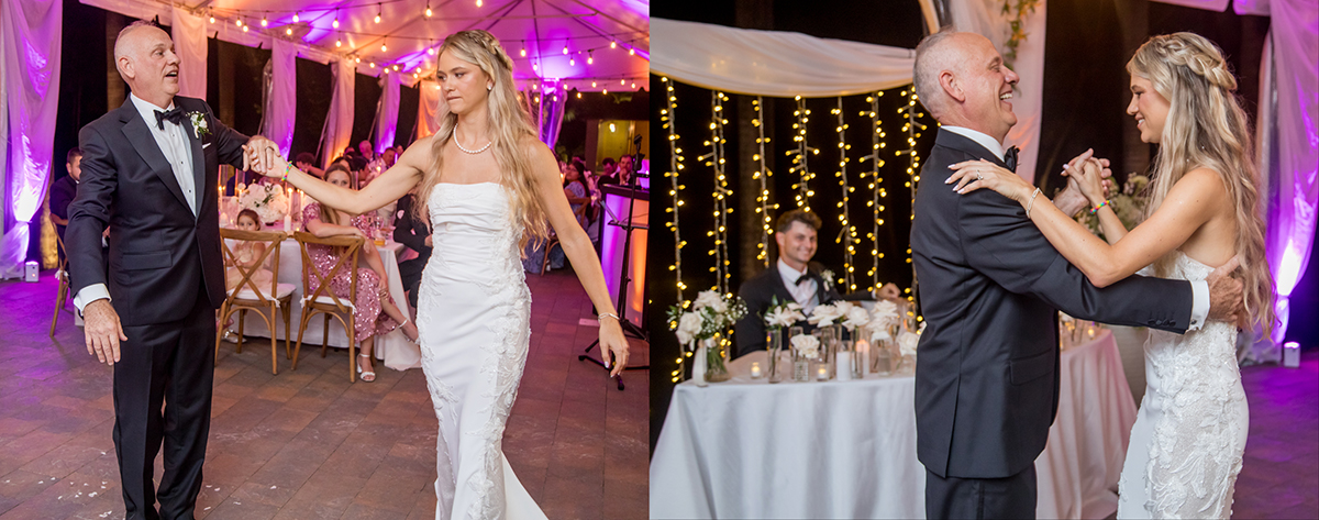 Bride and her father dancing during the father daughter dance at The Bonnet House in Fort Lauderdale under string lights with guests watching.