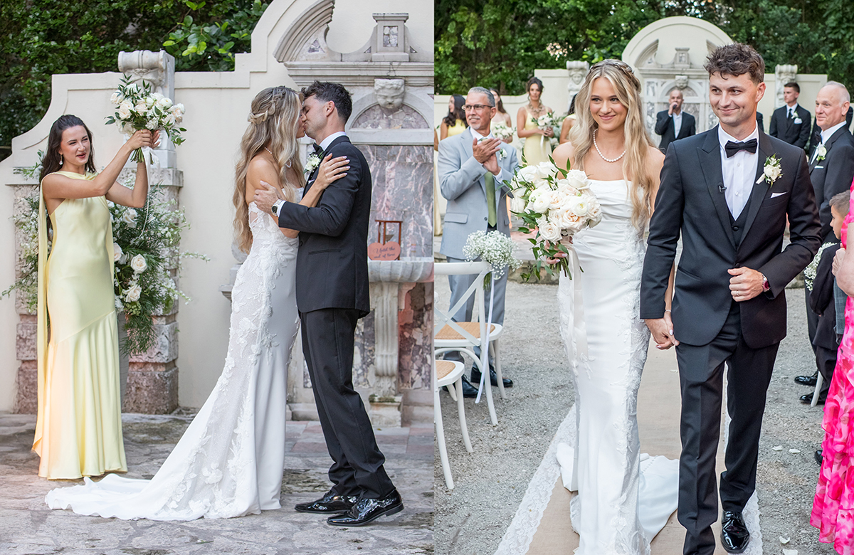 Bride and groom sharing first kiss at Bonnet House wedding ceremony and walking down the aisle as newly married couple in Fort Lauderdale.