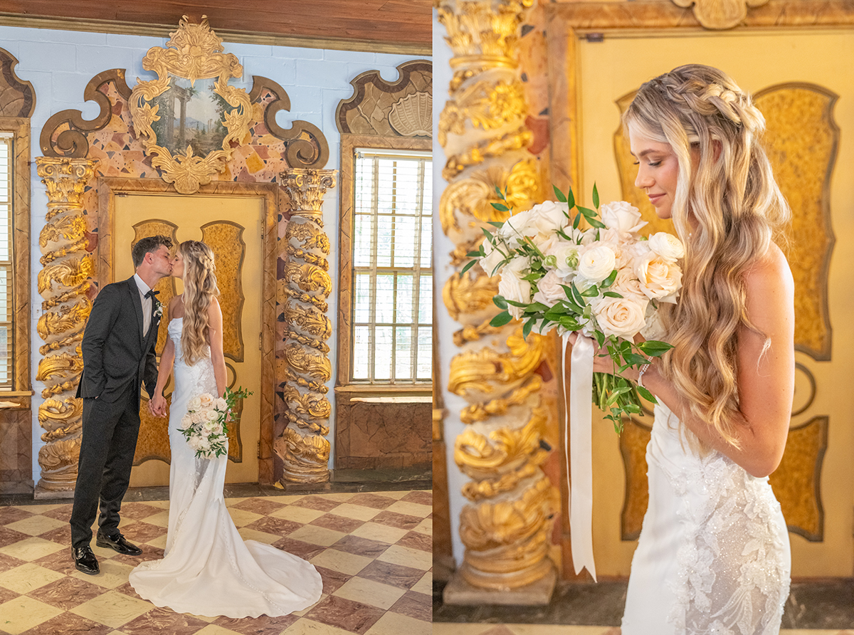 Bride and groom kissing inside the Bonnet House Museum in Fort Lauderdale, Florida during a romantic historic mansion wedding.
