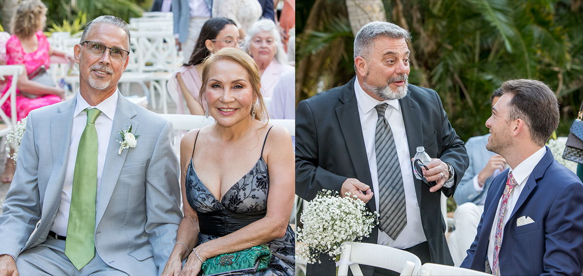 Groom’s parents seated before outdoor wedding ceremony while guests mingle and converse at garden venue in South Florida