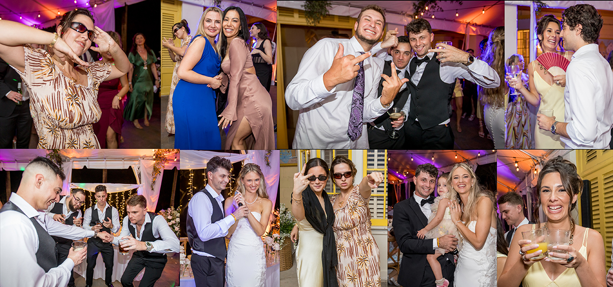 Collage of energetic wedding reception party photos at The Bonnet House in Fort Lauderdale featuring guests dancing, taking shots, laughing, and celebrating on the dance floor.