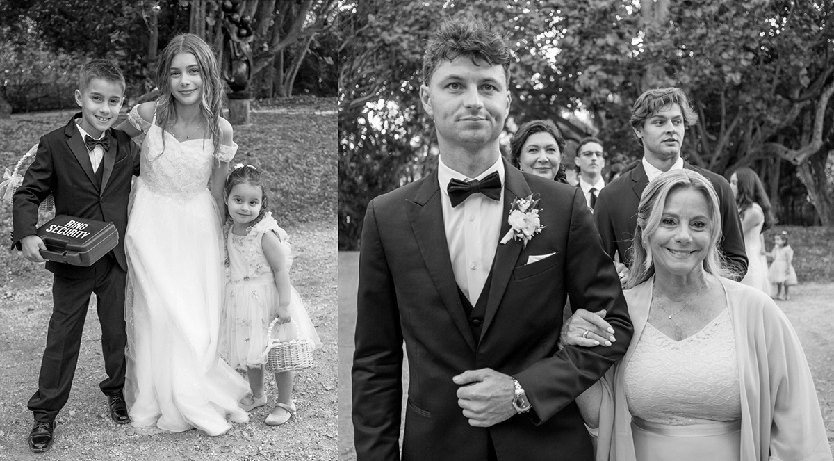 Black and white wedding photos of children in formal attire and groom walking with his mother before the ceremony outdoors.
