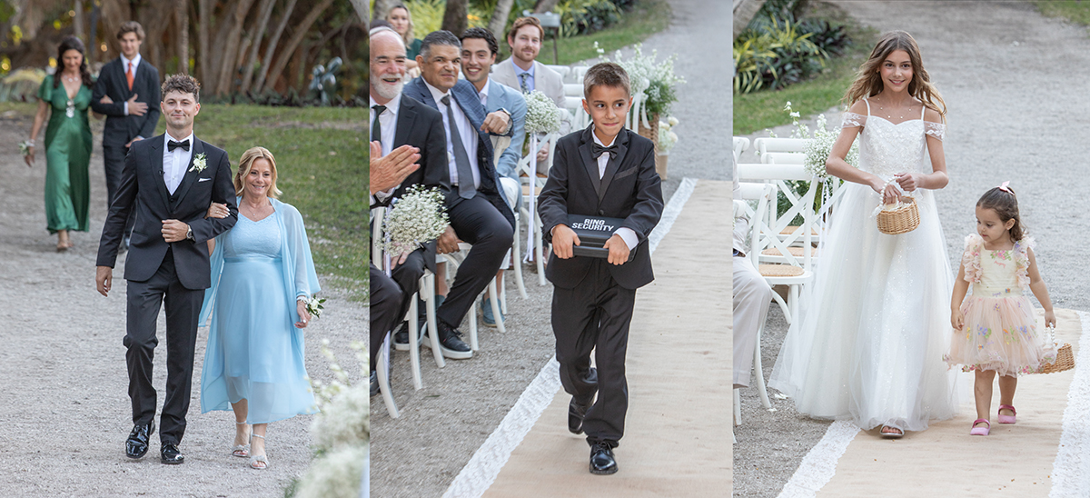 Fort Lauderdale wedding photographer capturing start of ceremony at Bonnet House wedding with ring bearer, flower girls, and groom walking down aisle using telephoto lens compression.