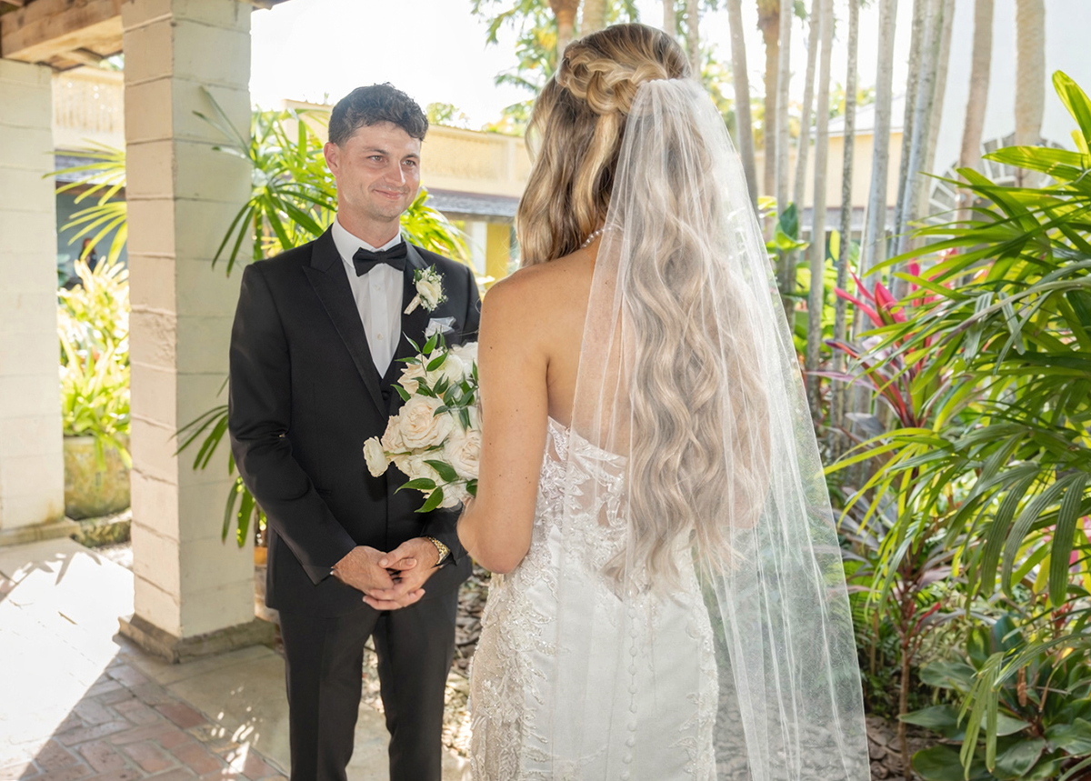 Groom’s emotional first look reaction at Bonnet House in Fort Lauderdale captured by Fort Lauderdale Wedding Photographer
