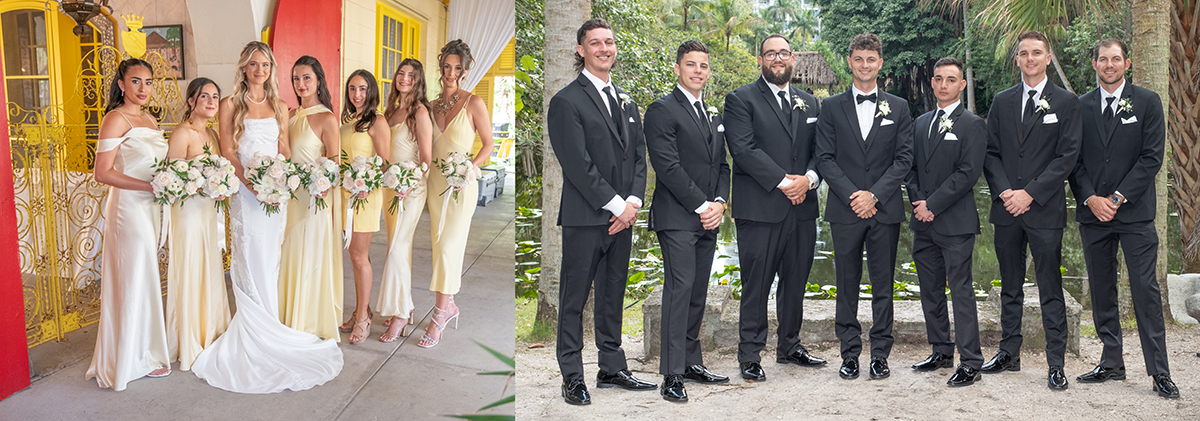 Wedding party portraits at Bonnet House in Fort Lauderdale—bride with bridesmaids in champagne dresses by the yellow gates, and groom with groomsmen in black tuxedos in the tropical gardens.