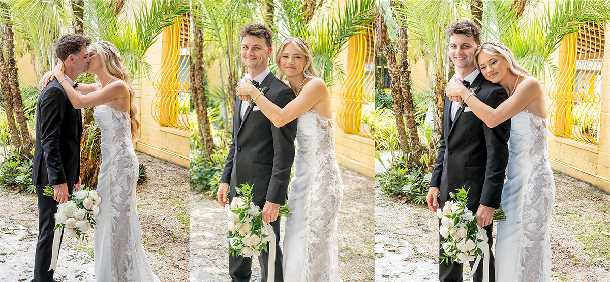 Bride and groom portrait sequence at Bonnet House in Fort Lauderdale by Fort Lauderdale wedding photographer featuring kiss, hug and romantic poses