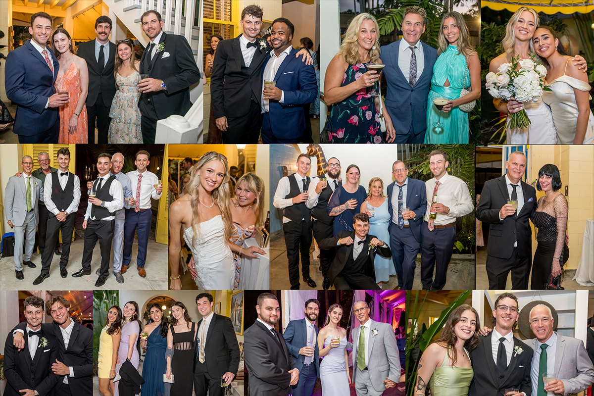 Collage of candid wedding guest photos taken during cocktail hour at The Bonnet House in Fort Lauderdale, featuring guests laughing, mingling, and celebrating in a natural documentary style.