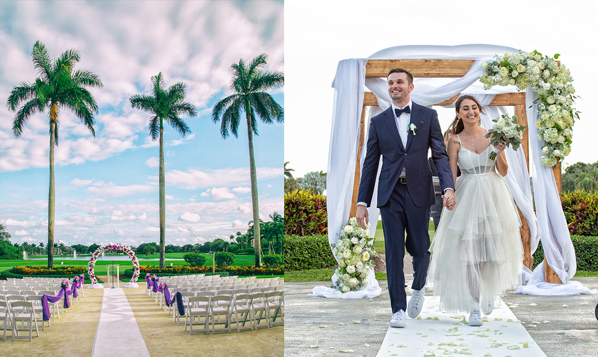 "A collage of two photos showcasing the patio area at the Club at Boca Pointe, featuring a wedding ceremony setup and a newlywed couple walking down the aisle."