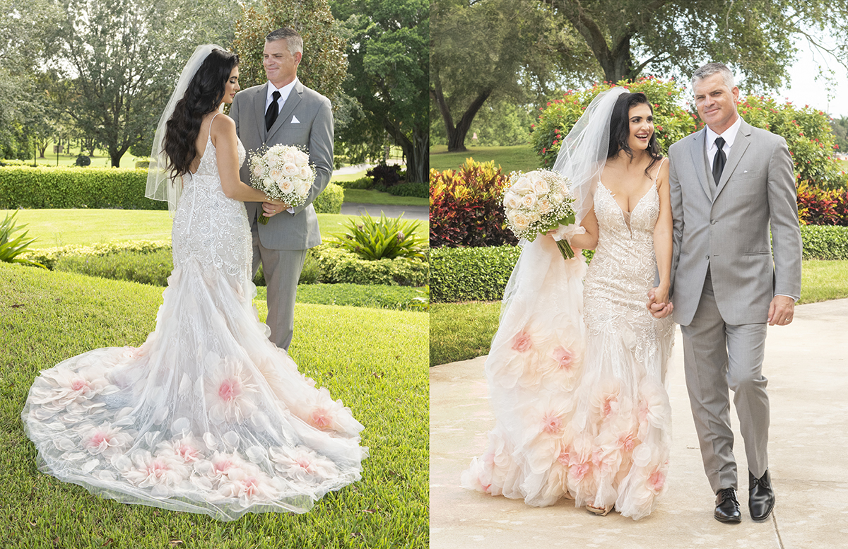 A photo collage featuring a bride in a unique lace gown with pink floral appliques and a groom in a gray suit, both posing and walking happily on the vibrant green grounds of The Club at Boca Pointe.