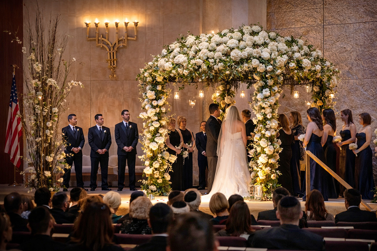 Jewish wedding ceremony under a floral chuppah at B’nai Torah Congregation, with bride and groom surrounded by bridal party and guests in a synagogue setting.