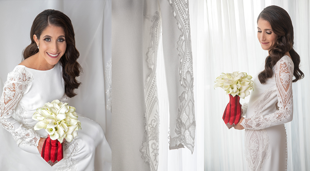 Orthodox Jewish bride wearing a modest long sleeve lace wedding dress holding a bouquet, photographed in soft natural light.