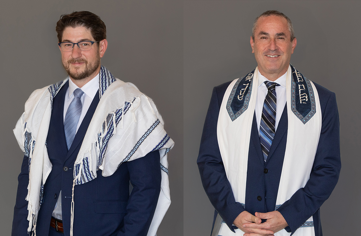 Rabbi Josh Franklin and aron Kapitulnik,wearing a tallit in a professional studio headshot at Temple Judea in Jupiter Florida