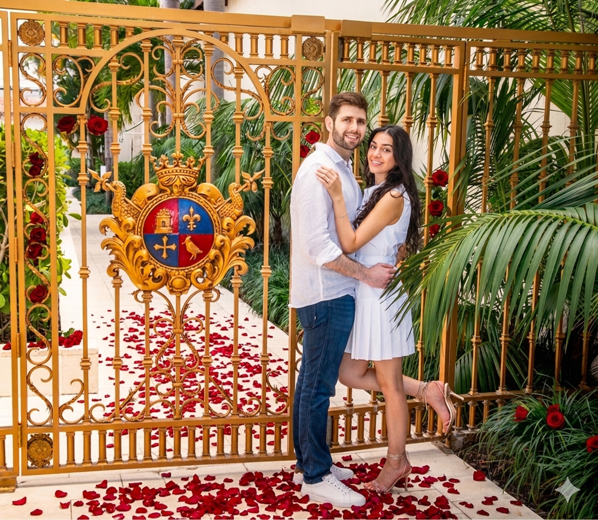 Andrew and Jennifer posing in front of rose-covered gates after their luxury surprise marriage proposal in South Florida.