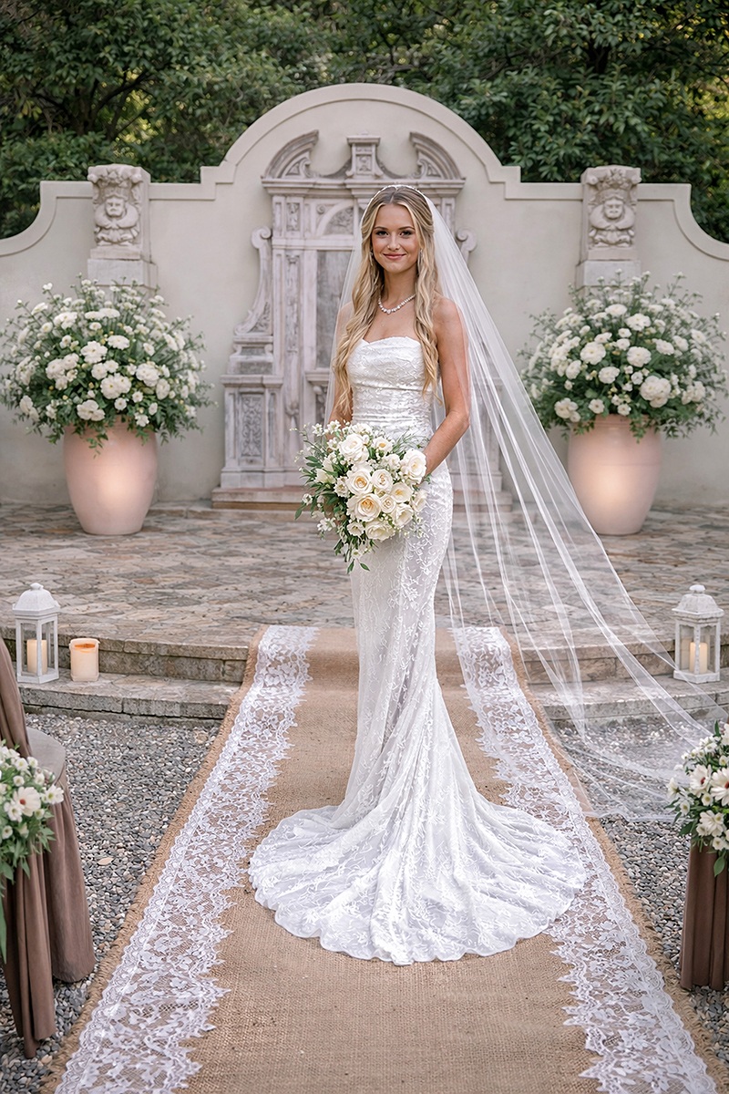 Bride in lace wedding gown holding white rose bouquet at Bonnet House gardens in Fort Lauderdale with floral ceremony backdrop