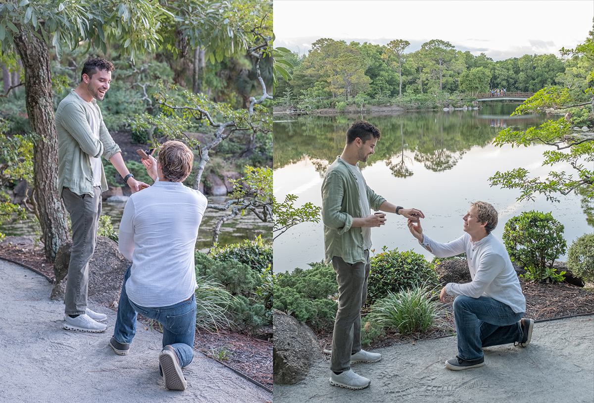 LGBTQ+ proposal photographer at Morikami Museum capturing Steve proposing to Sam beside the lake during a surprise marriage proposal in Delray Beach, Florida.