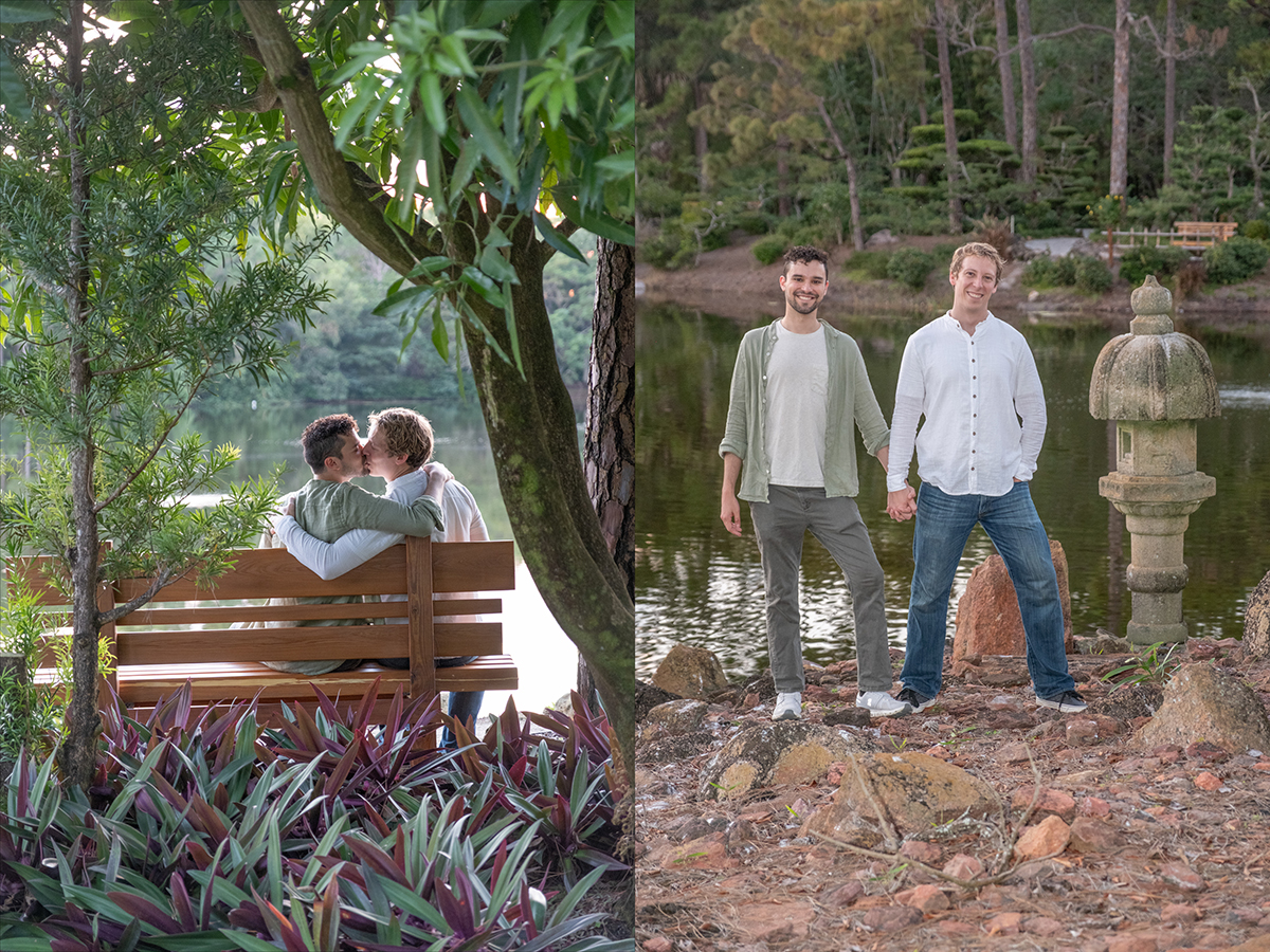 LGBTQ+ proposal photographer at Morikami Museum capturing romantic portraits of Steve and Sam beside the lake during their surprise engagement session in Delray Beach, Florida.