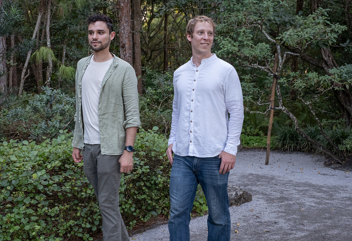 Sam and Steve walking together along a garden path during a private tour at Morikami Museum and Japanese Gardens in Delray Beach, Florida.