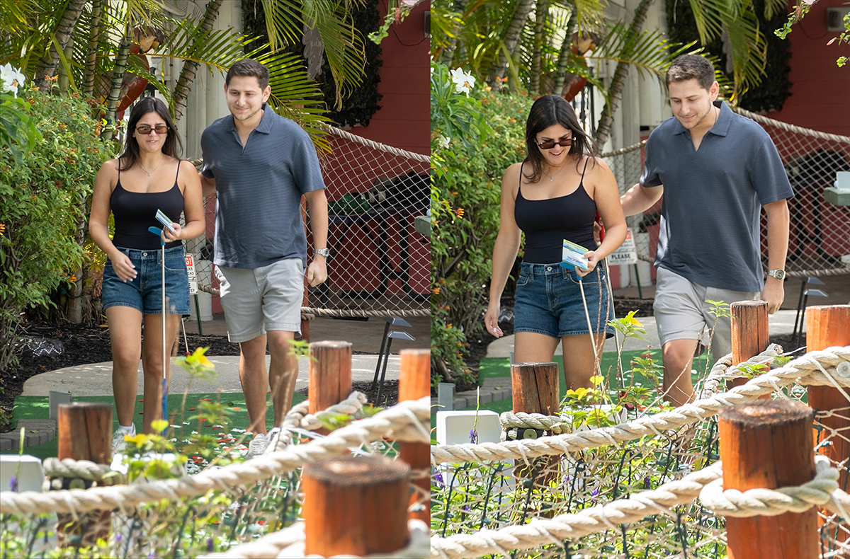 Jacob and Lauren walk together through Putt'n Around Delray Beach moments before a surprise marriage proposal, unaware that family members have prepared a romantic proposal setting ahead.